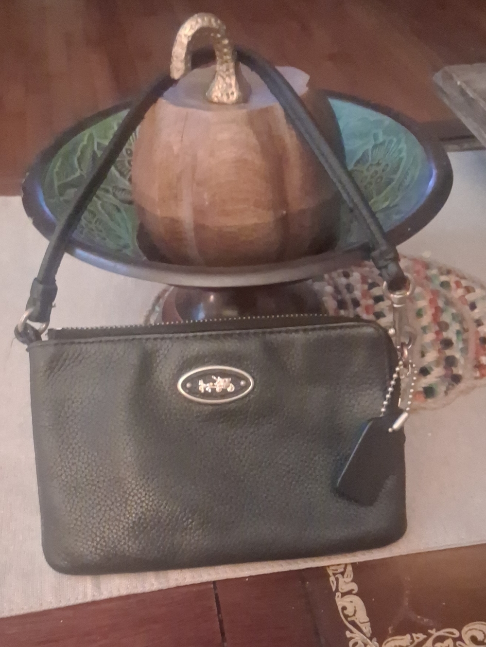 Vintage Coach Black Pebbled Leather Shoulder Wristlet with Silver Plaque